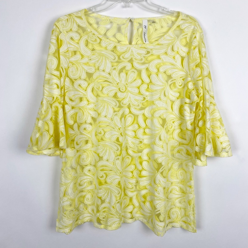 NY Collection Floral Soutache Mesh Bell Sleeve‎ Blouse Womens Large Lemon Yellow